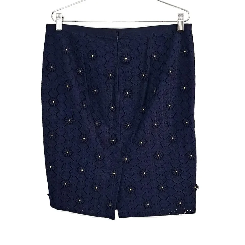 Talbots Navy Blue flower lace beaded pencil skirt size 10